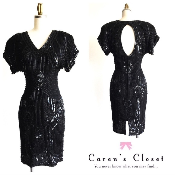 Vintage Dresses & Skirts - Vintage Sequin Beaded Dress with shoulder pads and open back size 4 in black